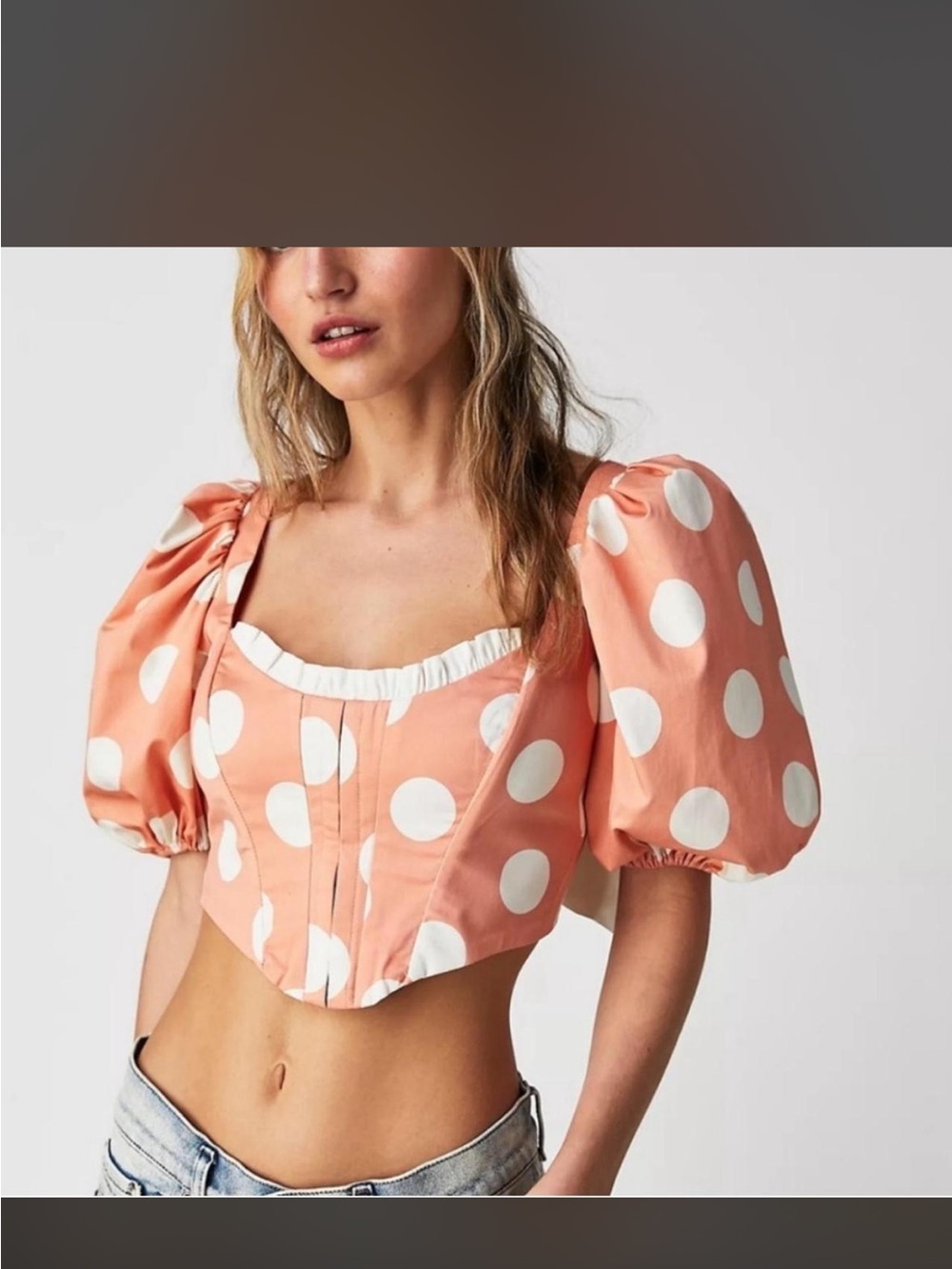 For Love and Lemons - Women’s Peach Polka Dot Puff Sleeve Crop Top